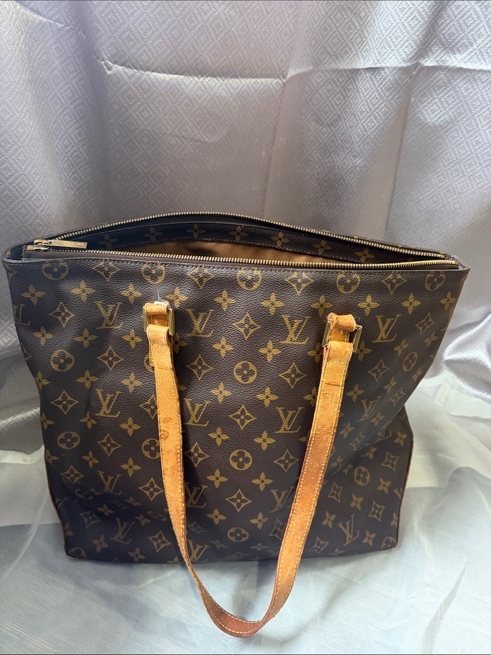 Louis Vuitton Brown Monogram Canvas Tote with Tan Leather Straps